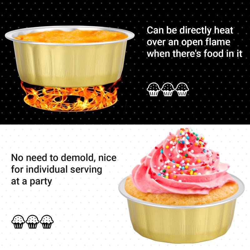 Beasea 8 oz 100 Pack Aluminum Ramekins, Disposable Ramekins Foil Cups Baking 3.9" Ramekin Cup Muffin Cupcake Aluminum Baking Cup Mini Pudding Souffle Cups for Party Wedding Birthday - Gold - Image 4